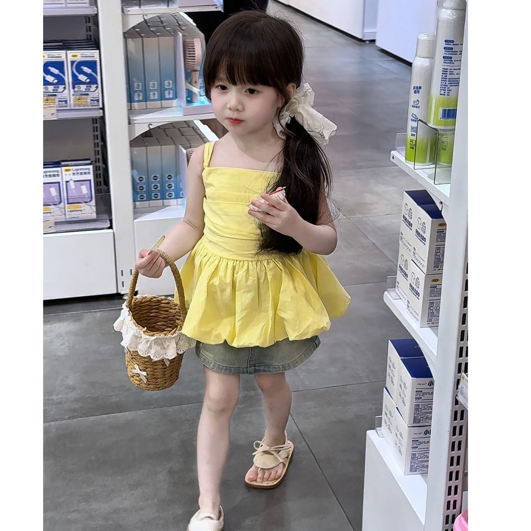 女童吊带2025夏季新款韩版时尚荷叶边裙摆上衣辣妹背心上衣短裤潮