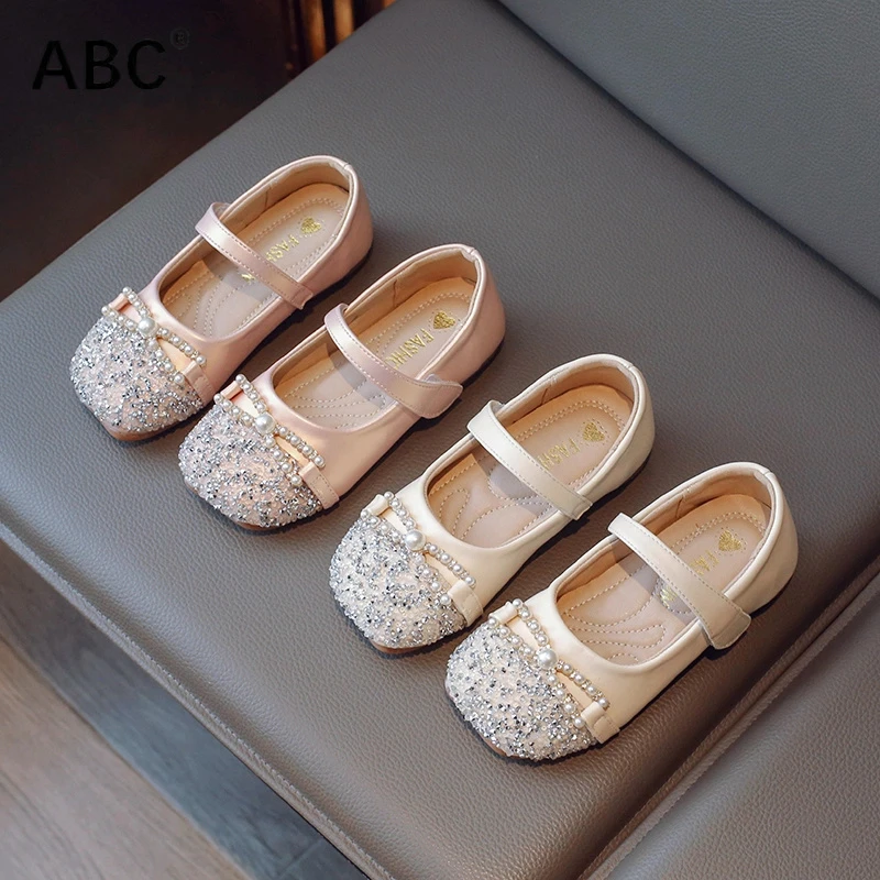 ABC女童鞋子2025春秋新款软底洋气百搭皮鞋宝宝水晶闪亮水钻单鞋