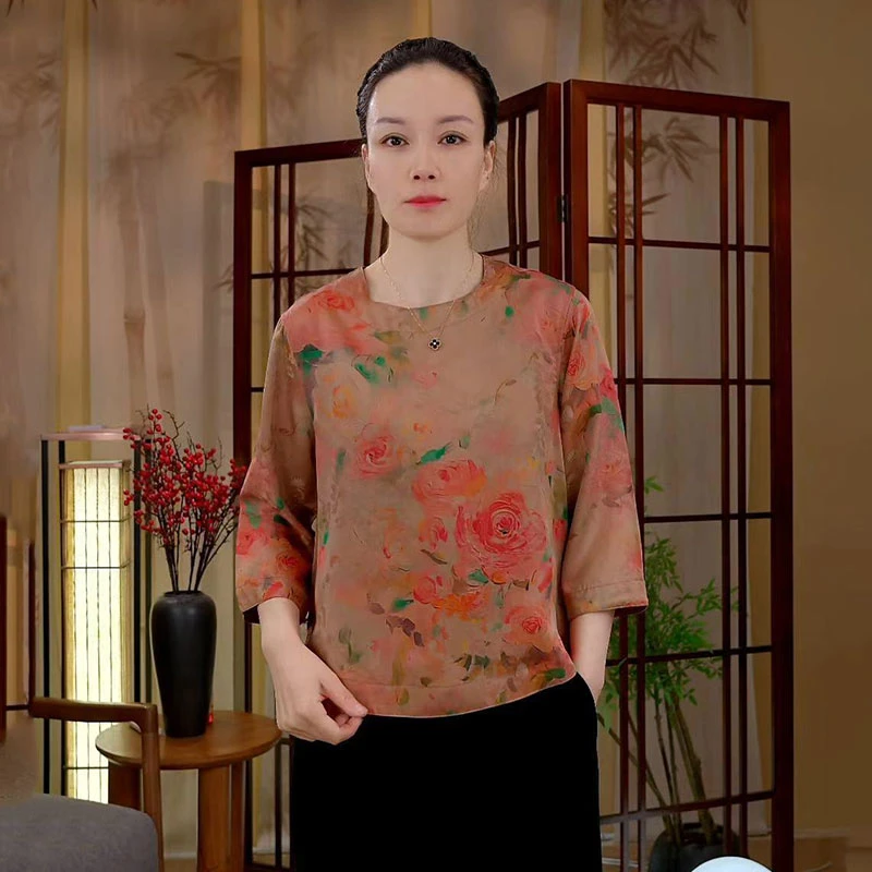 香云纱100%桑蚕丝长袖圆领上衣妈妈装小衫女士复古夏季新中式女装