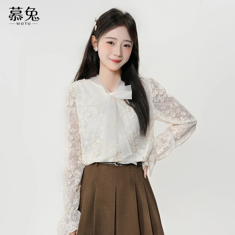 【小铃铛】TU23526法式气质蝴蝶结蕾丝衬衫女小个子设计感小众上衣