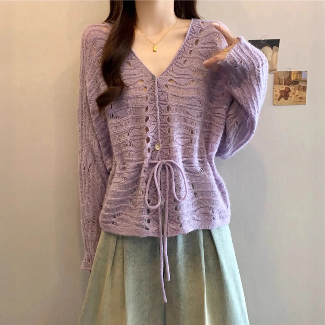 大码胖MM钩花镂空V领打底针织衫女早秋季慵懒风收腰显瘦减龄上衣