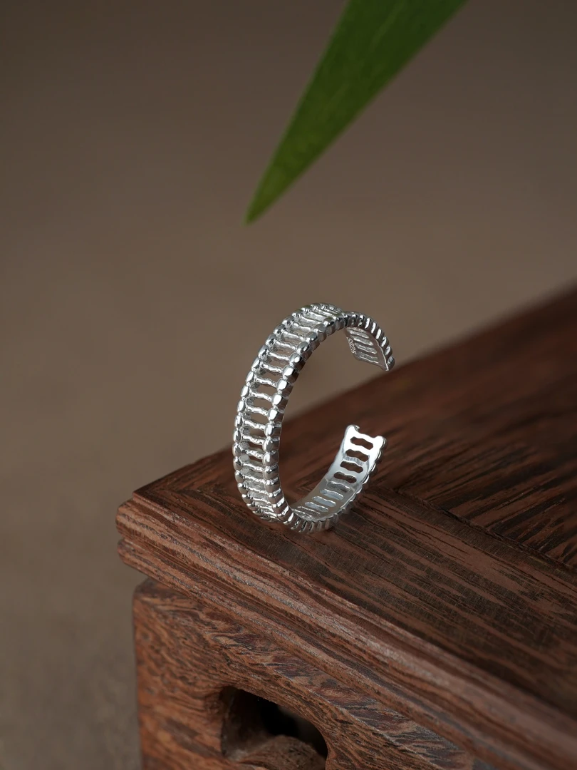 925银戒指 S925纯银古法镂空开口戒指时尚银戒个性编织百搭