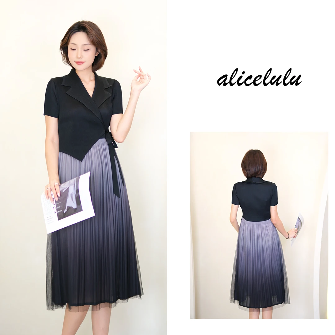 [alicelulu]小众大翻领渐变裙摆短袖修身连衣裙S2143232W