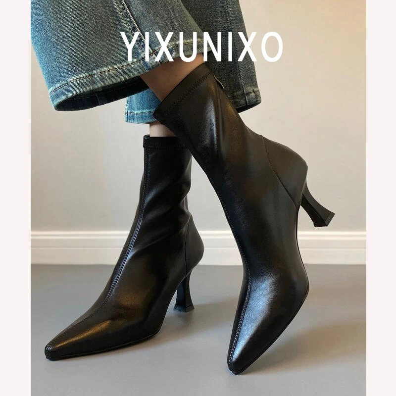 羊皮版~法式尖头细跟靴子高跟弹力靴气质百搭黑色瘦瘦靴秋冬女靴