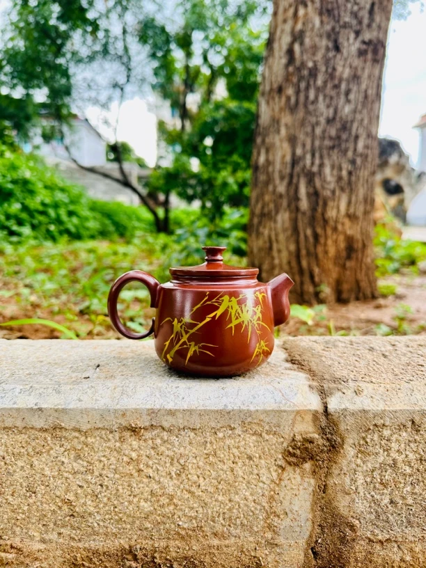 建水紫陶智溢手作四次复烧智诚壶210cc刻填绿竹（送同系列杯子）
