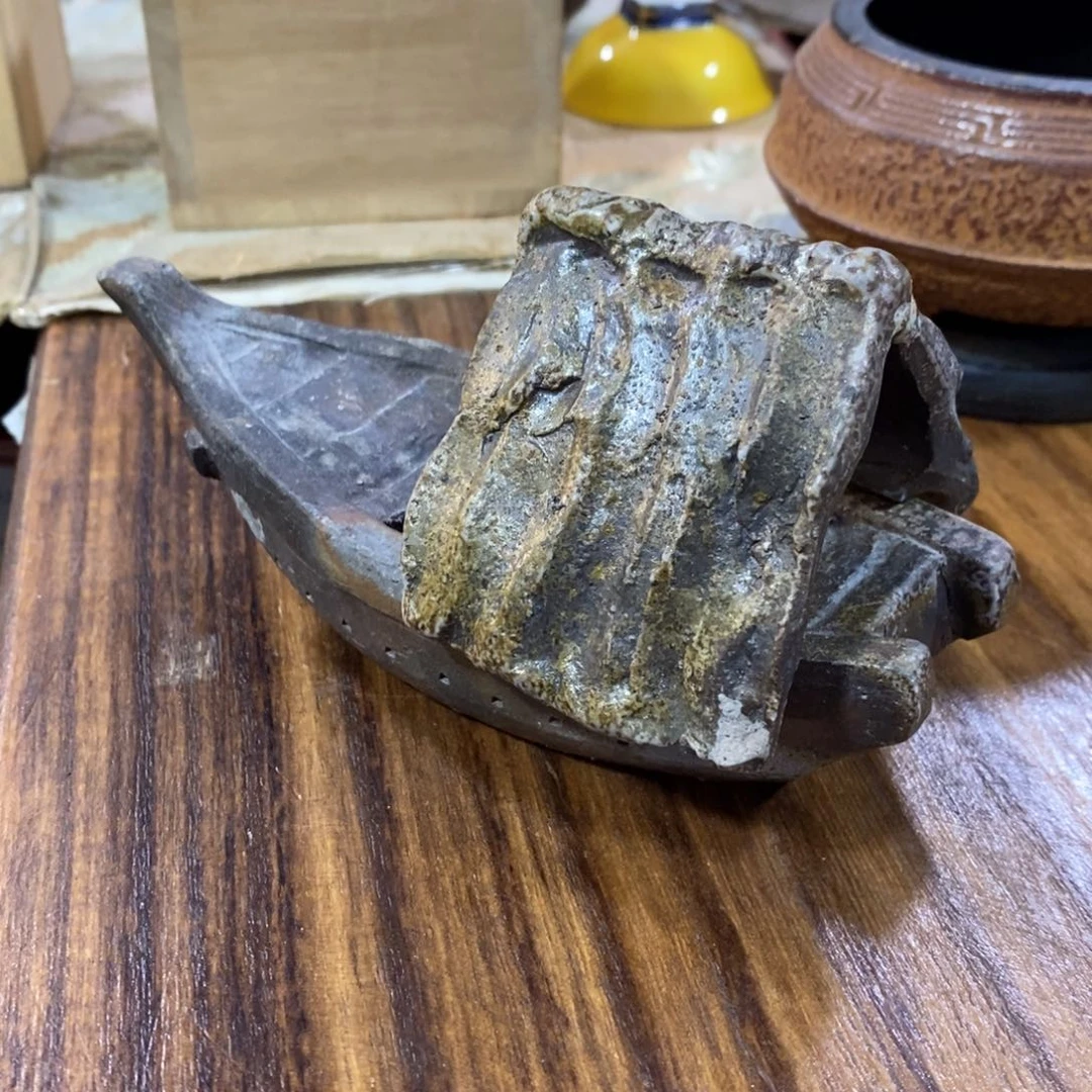 瓷片徒*笑备前烧小船 有瑕