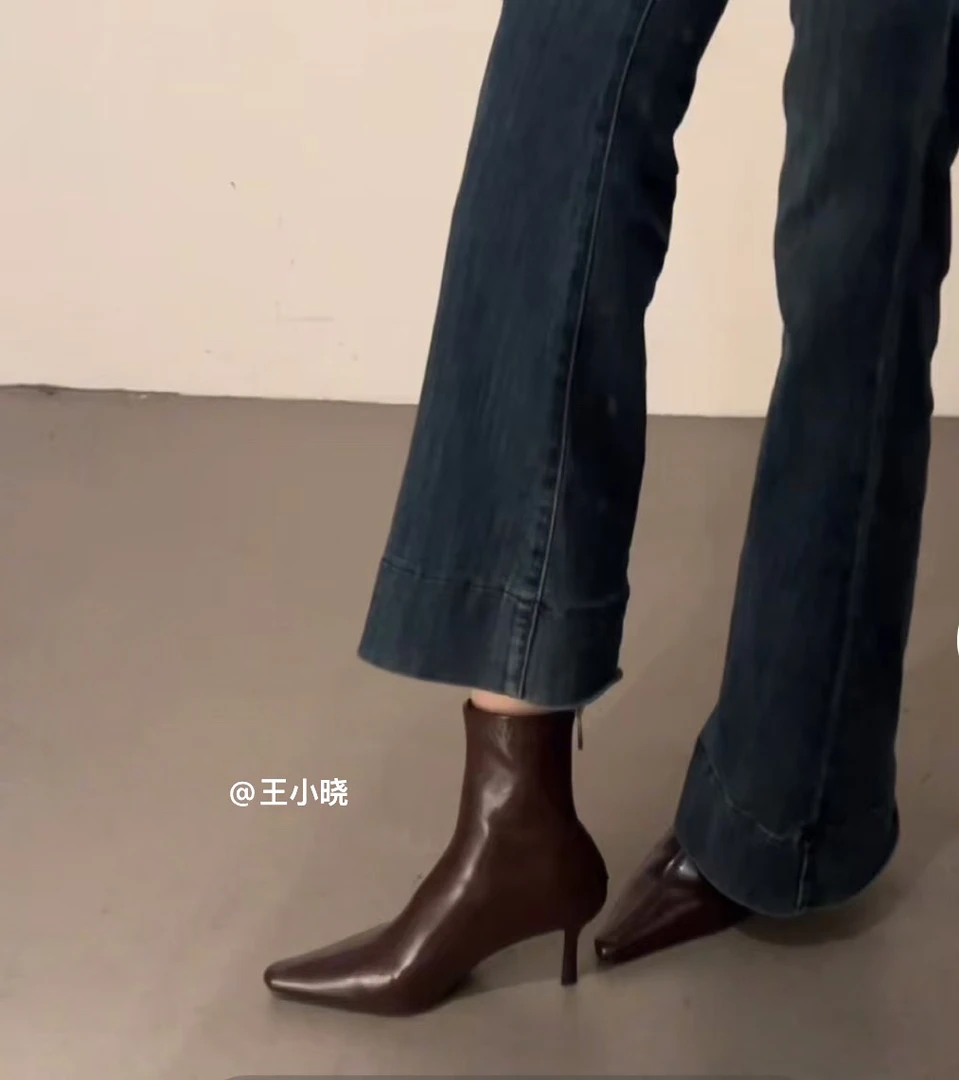 2024秋冬新款欧美复古百搭网红瘦瘦靴细跟尖头高跟气质短靴女