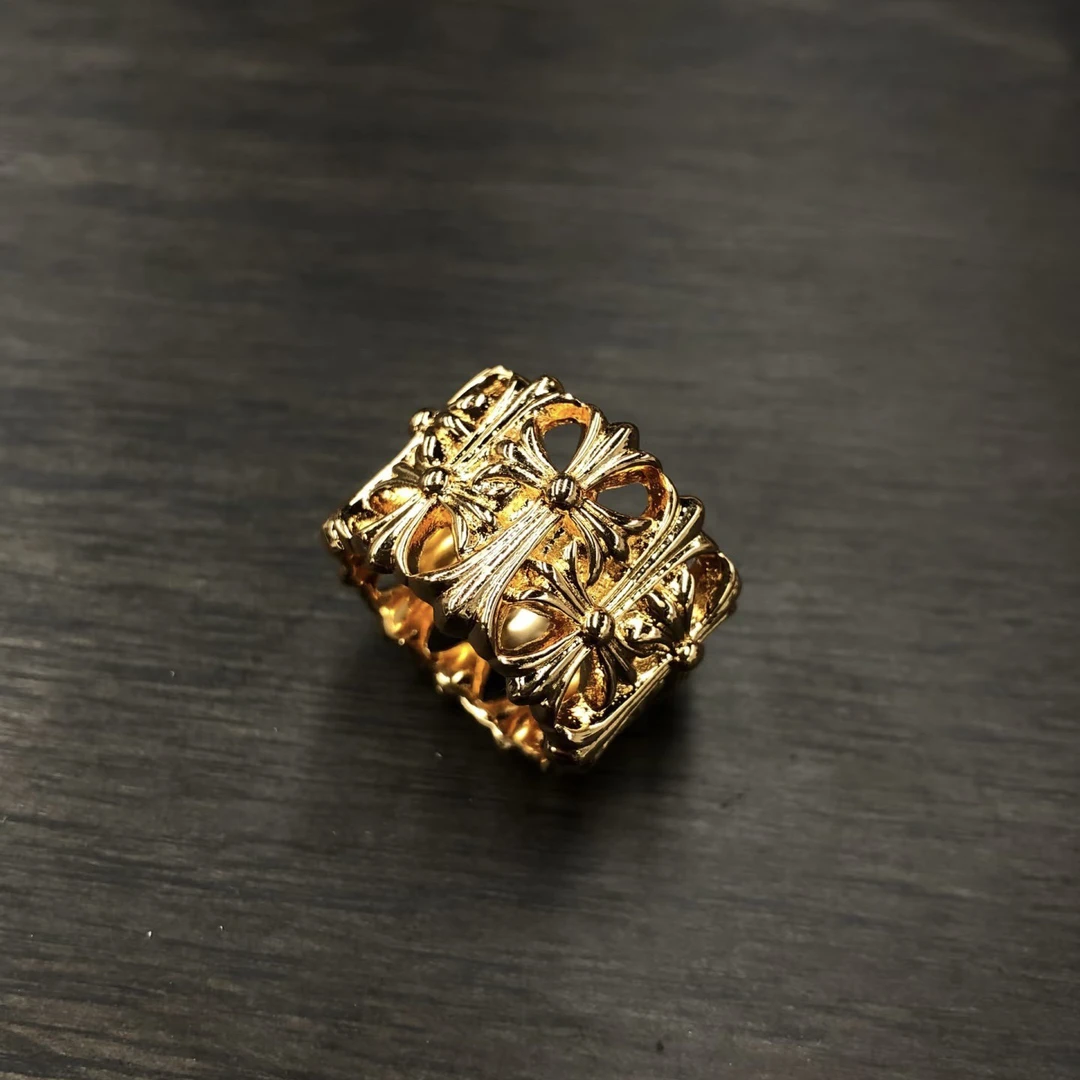 925银戒指 CH克罗心墓葬戒指镀22K金复古潮人男女指环个性宽版