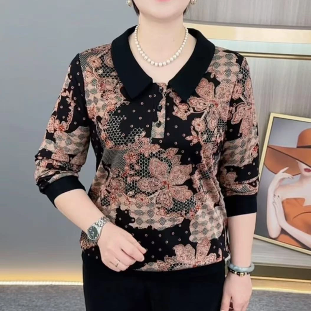 秋季新款时尚翻领印花气质妈妈装休闲宽松显瘦百搭长袖上衣H9821