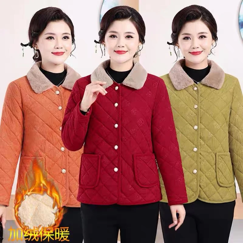 妈妈秋冬新款加绒棉衣外套中老年女装保暖大码小棉袄时尚加厚棉服