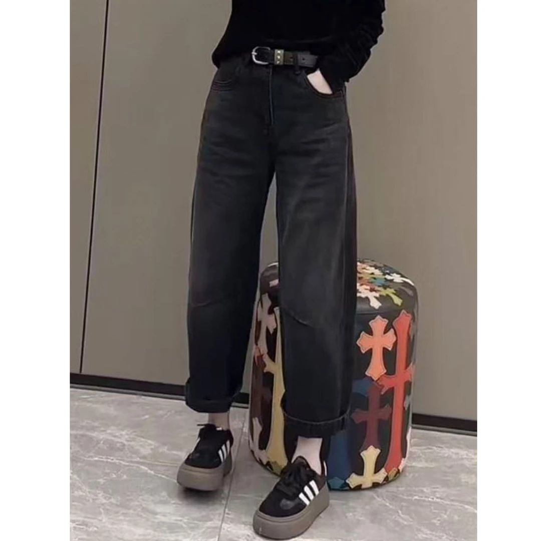 宽松韩系直筒阔腿裤黑色百搭基础款牛仔裤女秋季新款梨型身材显瘦