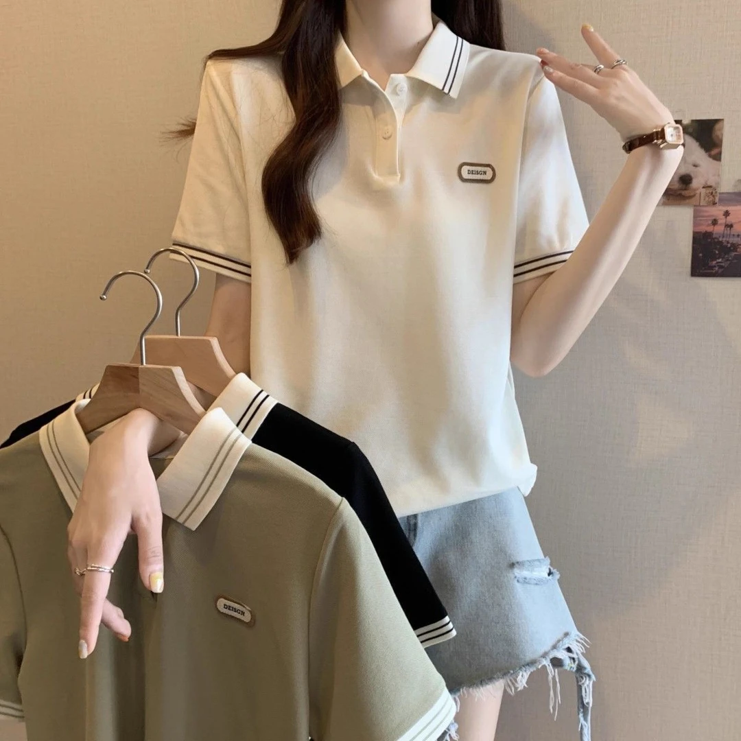 大码女装夏季宽松短袖t恤胖mm显瘦遮肉正肩时尚学院风Polo领上衣
