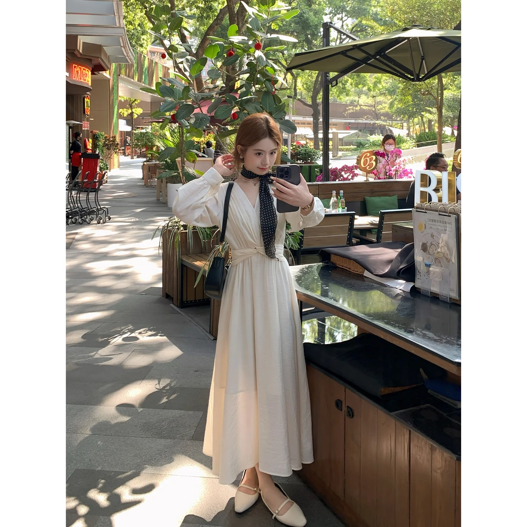 切糕【自在流线】小个子长裙气质长款小众洋气显瘦长袖收腰连衣裙