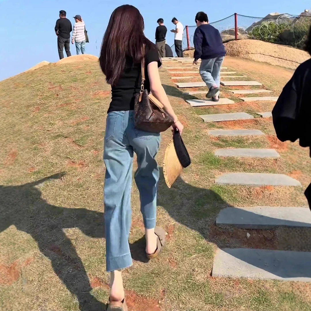 弹力九分烟管牛仔裤女2025夏季新款高腰时尚显瘦百搭设计感直筒裤