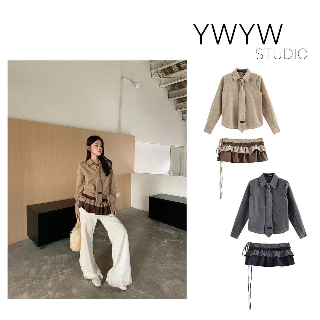 【YWYW25F/W】翻领百搭格子领带+长袖衬衫+臀帘配饰套装5666