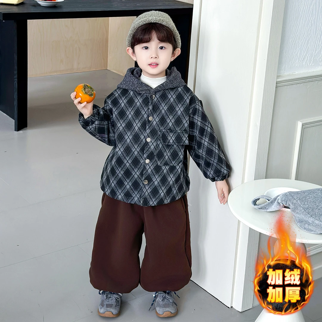 童装男童冬季外套2025新款儿童格子加厚上衣时髦时尚外套加绒宝宝