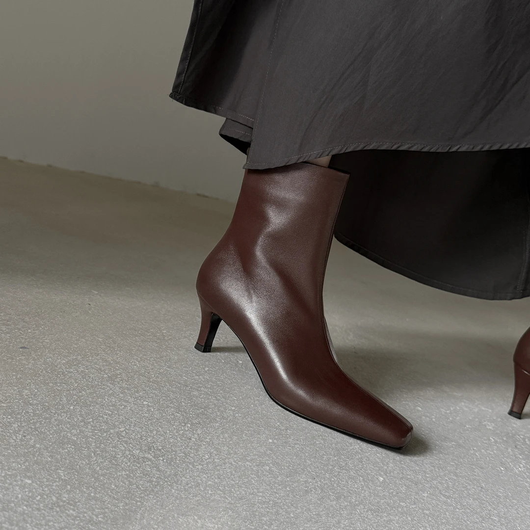6cm方头细跟短靴真皮高跟女靴时装靴2025年新款秋冬百搭气质单靴
