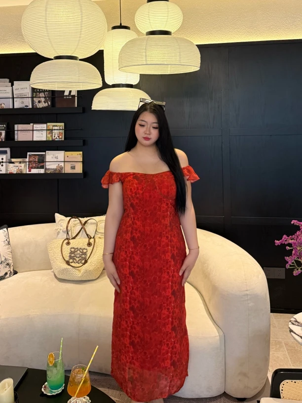 大码女装高级感法式复古新娘结婚晨跑红色吊带连衣裙包臀长裙2073