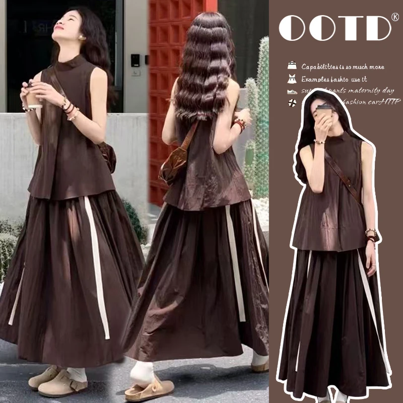 孕妇套装新款法式气质减龄时尚森系无袖上衣复古飘带半身裙两件套