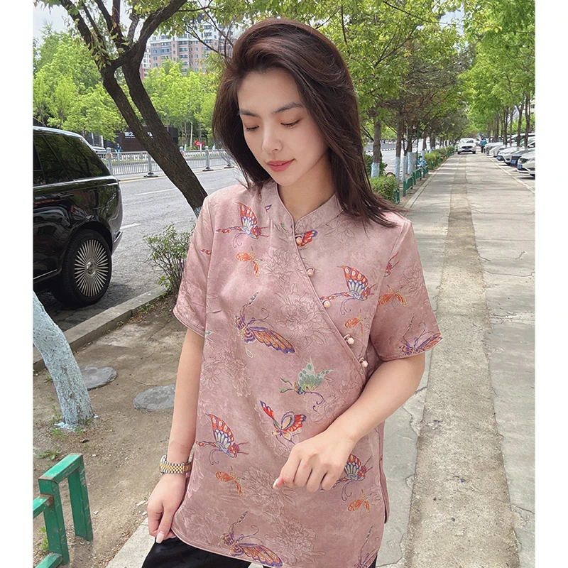 欧韩童话2025夏季彩蝶珠扣提花气质显瘦时尚复古新中式小衫6718