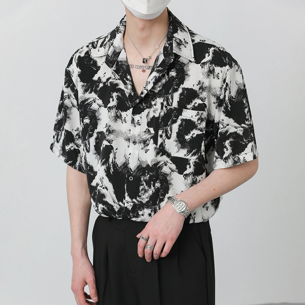 夏季上衣韩式宽松高级感垂感短袖衬衫男装潮流痞帅水墨免烫衬衣