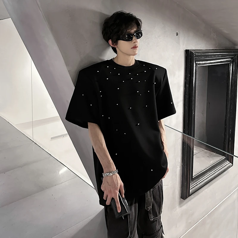 金属球装饰垫肩重磅短袖t恤男夏季美式潮牌高级感痞帅宽松五分袖