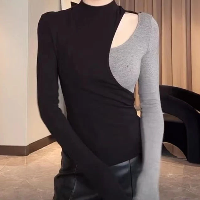 设计感镂空撞色拼接长袖T恤女秋冬新款气质修身显瘦百搭打底上衣