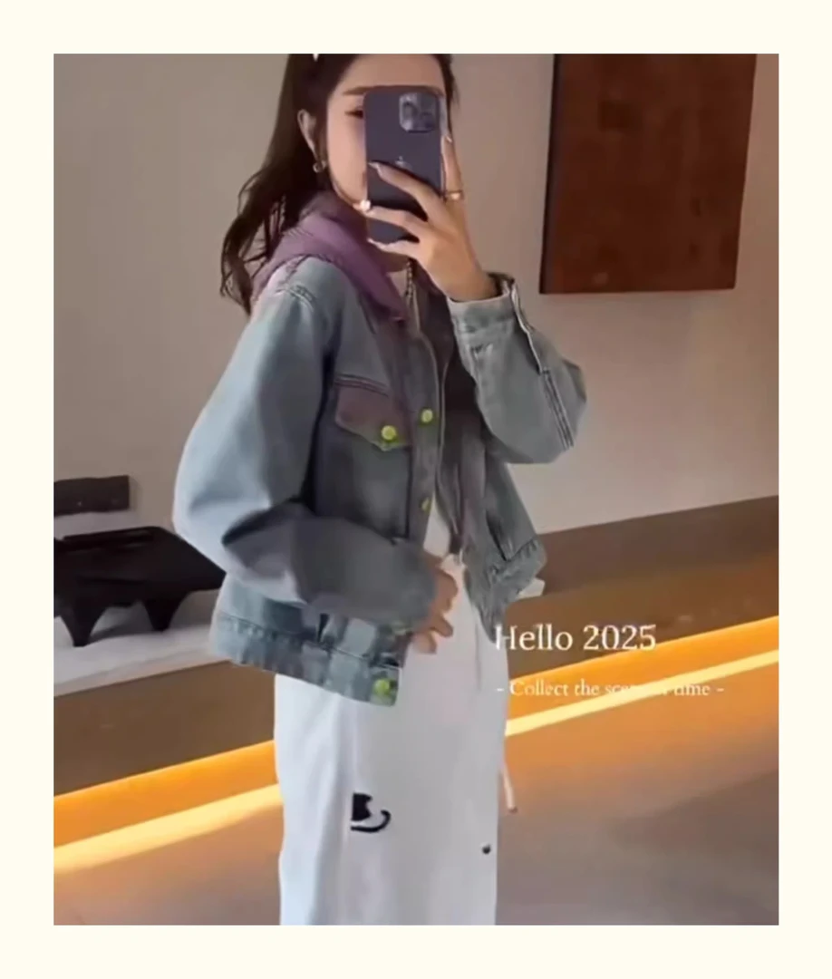 【撞色针织连帽牛仔外套女欧洲站2025早春新韩版洋气百搭显瘦夹克