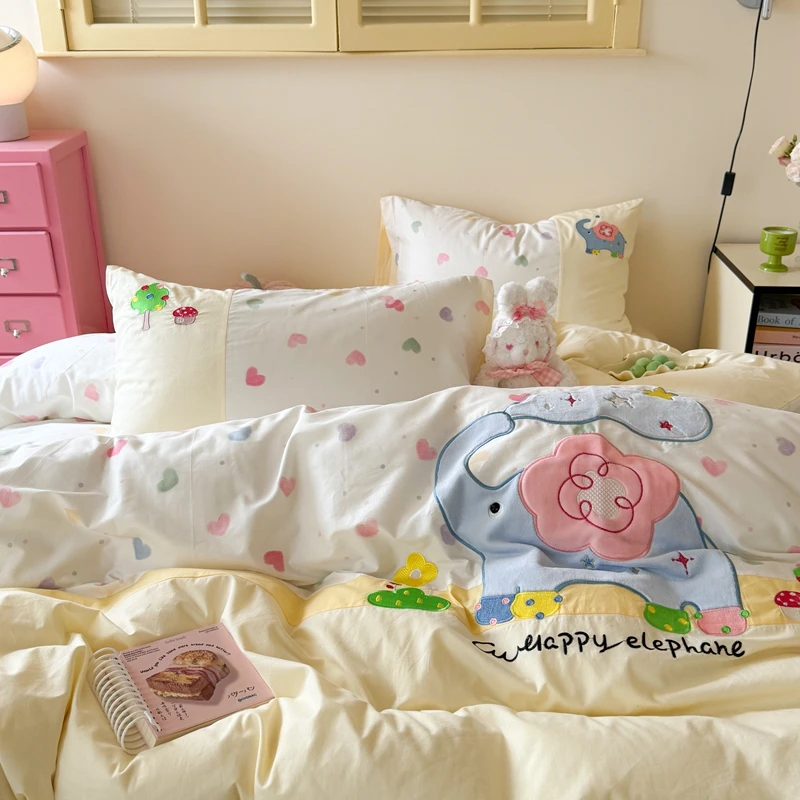 ins风韩版可爱小象全棉贴布绣花少女心小清新纯棉四件套床单被套4