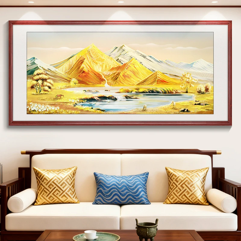 画事未了浮雕描金背靠金山新中式客厅装饰画办公室山水喷绘国画