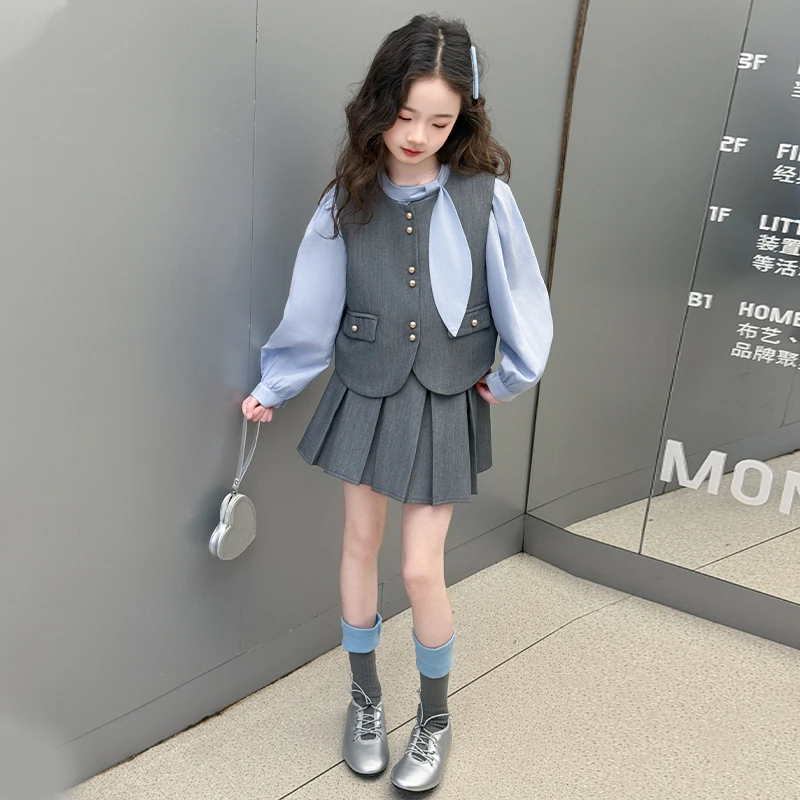 女童jk套装裙2025新款洋气儿童飘带衬衫学院风马甲百褶裙三件套韩