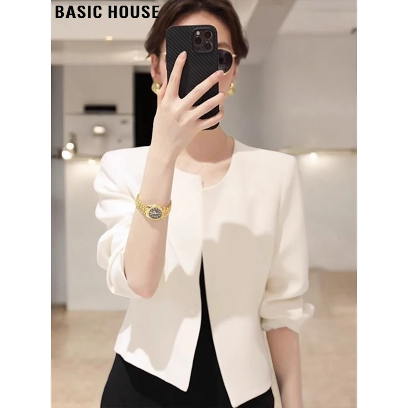 Basic House/百家好白色西装外套女士2025早秋小香风收腰短款上衣