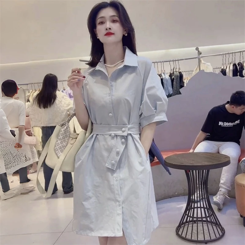 职场风设计感不规则斜扣衬衫连衣裙收腰显瘦洋气短袖中长裙夏季潮