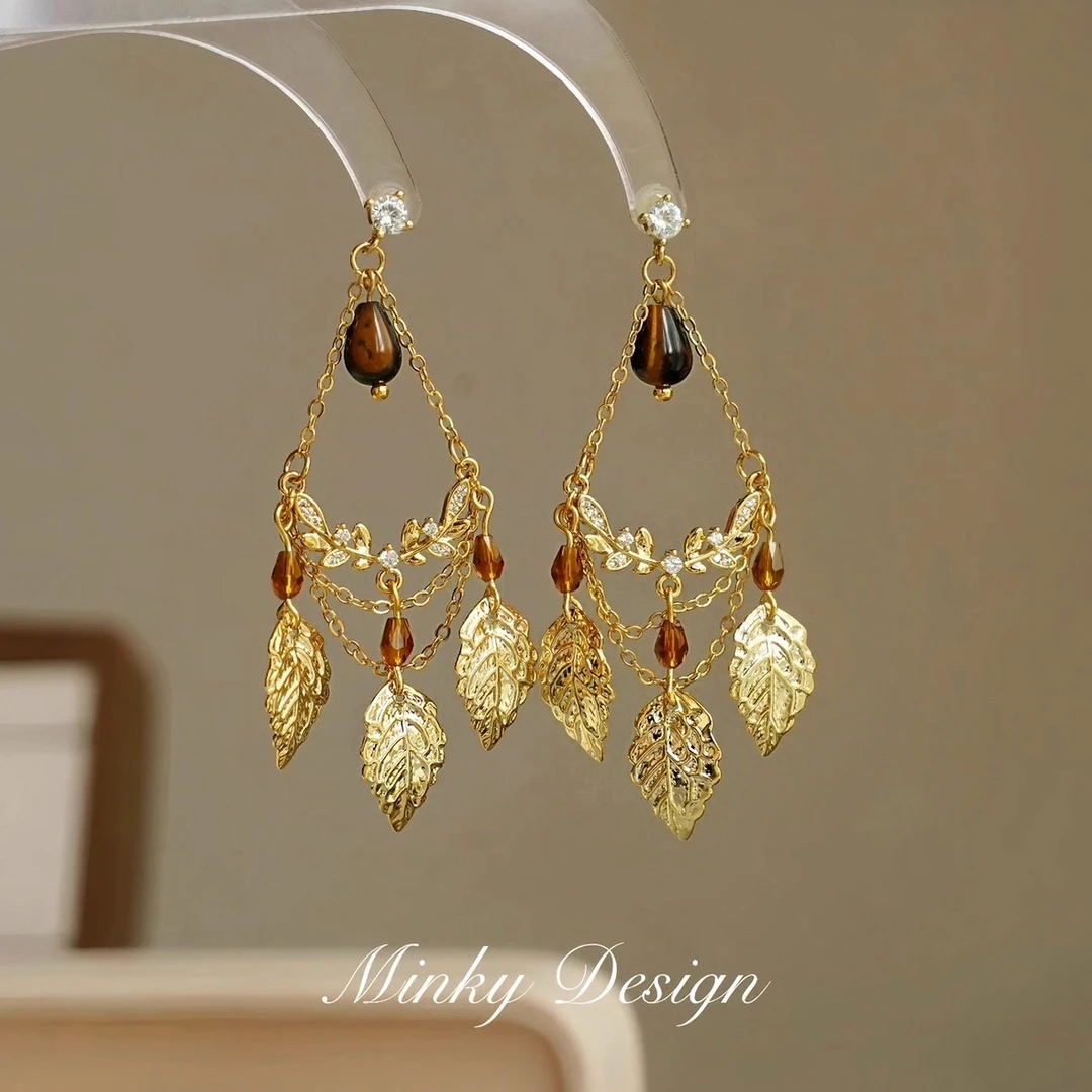 铜合金耳饰 「琥珀金秋」原创设计复古叶子耳坠蚊香盘耳夹女无耳洞