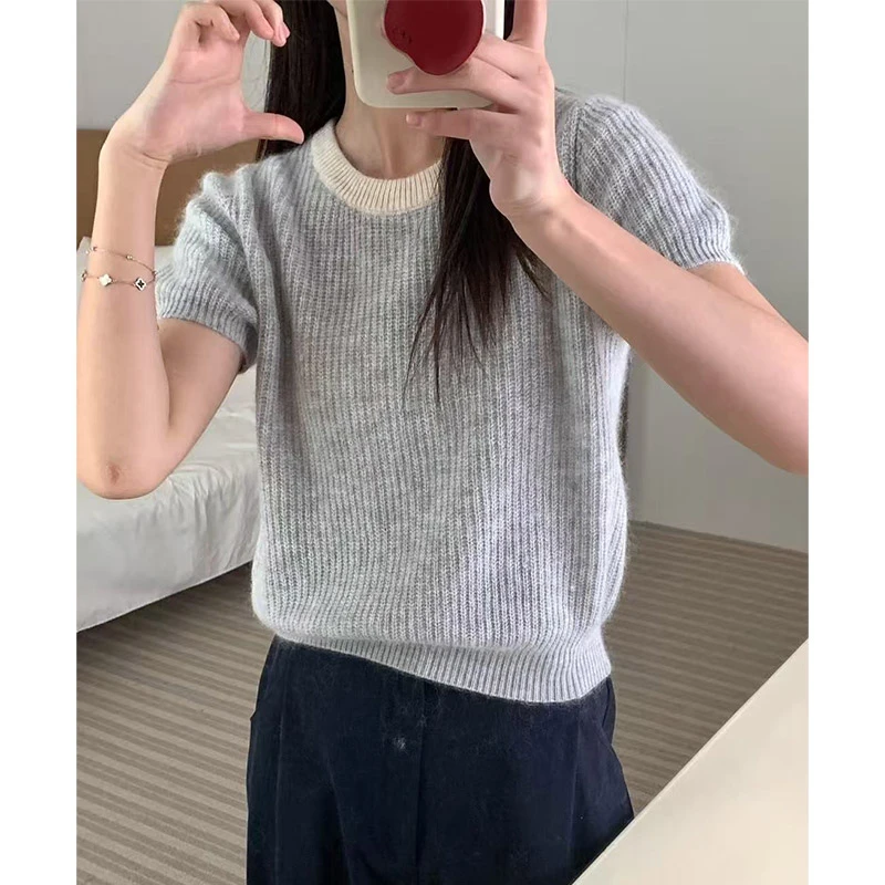 撞色圆领针织短袖女秋季薄款设计感小众坑条上衣-5153