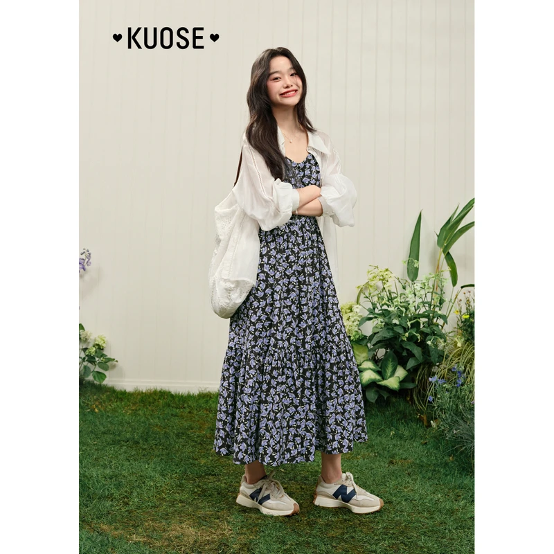 阔色法式碎花吊带连衣裙2025春季新款旅游度假开叉长裙KSB2502002