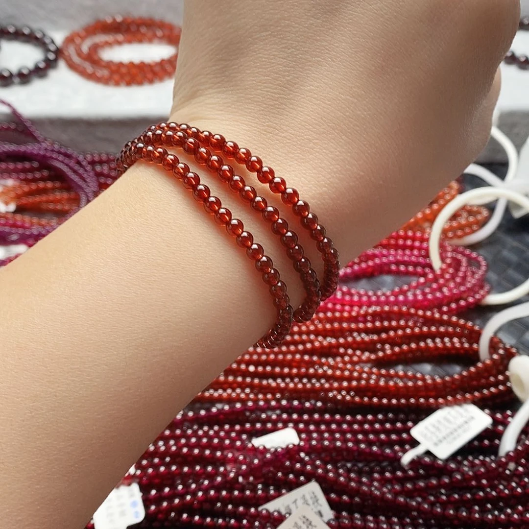 石榴石手链未镶嵌4mm橙红三圈精品