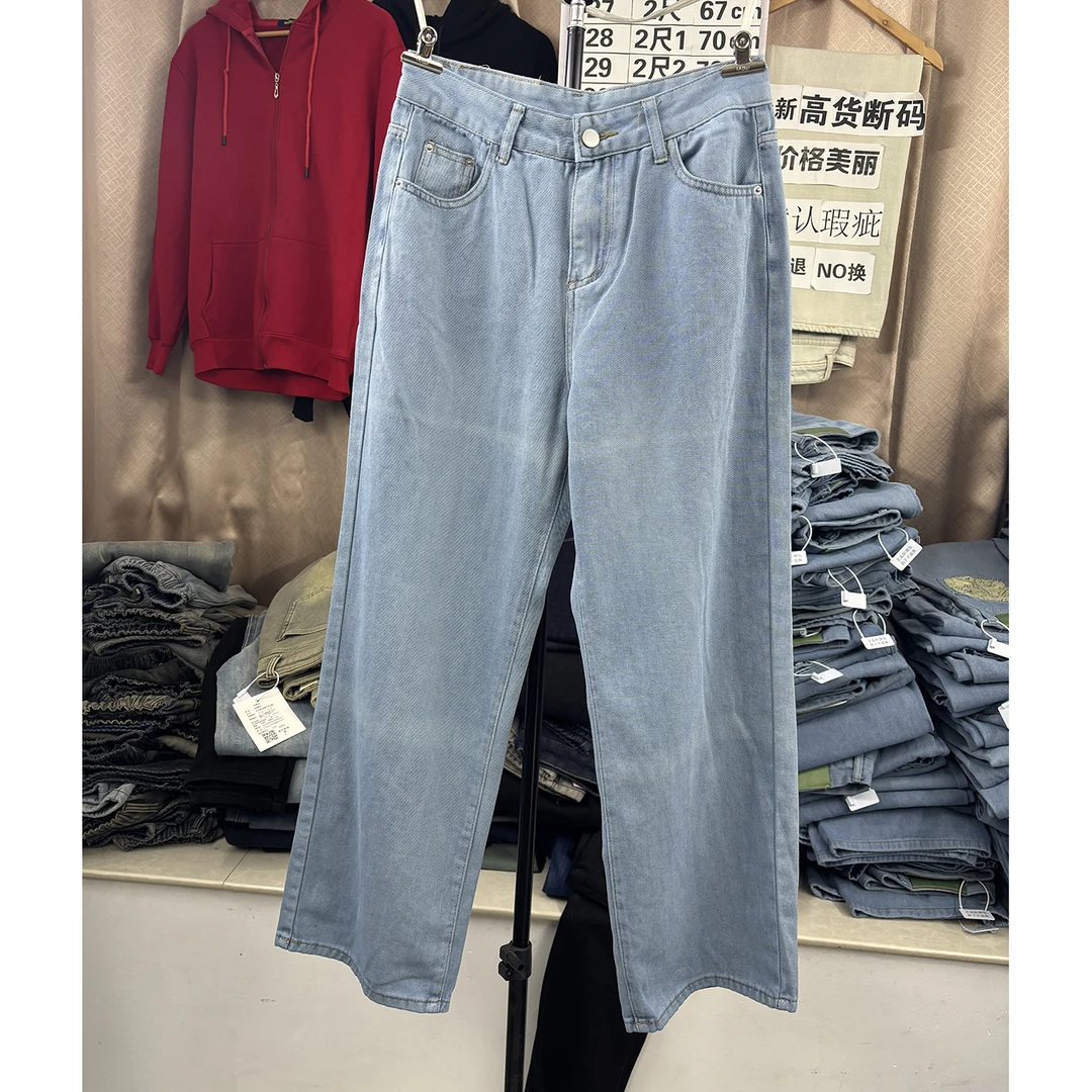 薄款窄版直通牛仔裤天蓝色女裤