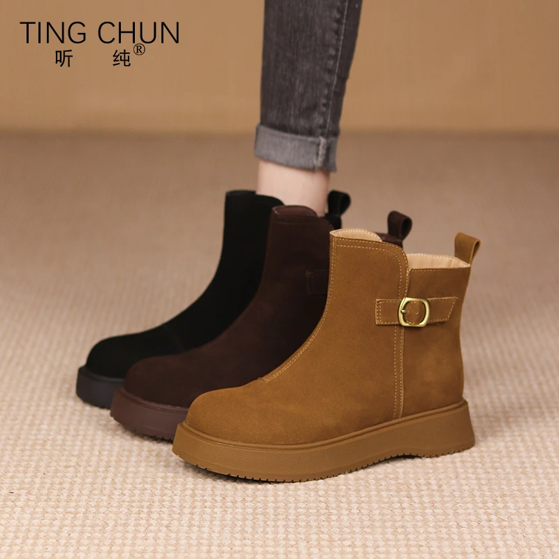 听纯18381秋冬2025新款冬季百搭复古女短靴厚底加绒保暖圆头女鞋