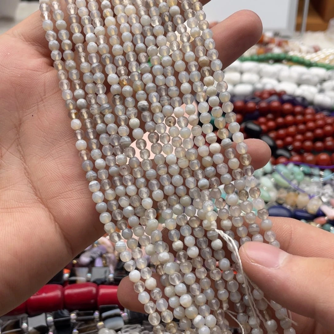 玛瑙/玉髓合金珠宝半成品一条装卡4mm烟灰玛瑙切面珠