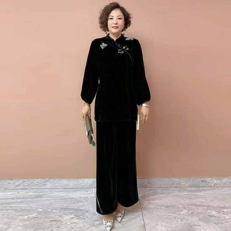 国风真丝绒上衣宽松大码两件套秋季新款新中式衬衫阔腿裤春秋套装