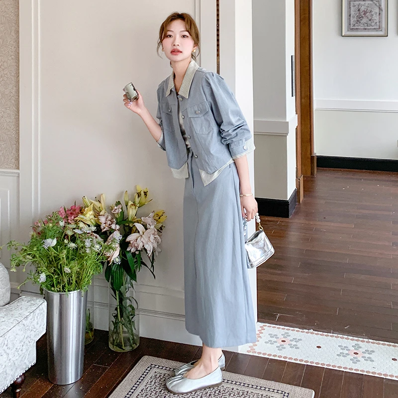条纹拼接休闲蓝色半身裙套装女春秋2025新款气质两件套爆款高级感