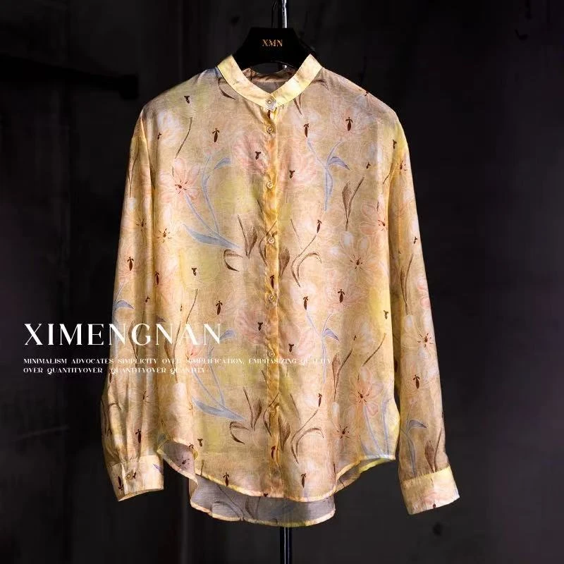 【Z】618/623366/125轻薄碎花长袖衬衫单排扣立领衬衫