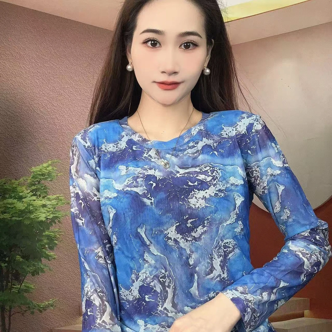 2025秋季新款长袖圆领肌肤纱时尚显瘦印花T恤上衣A395