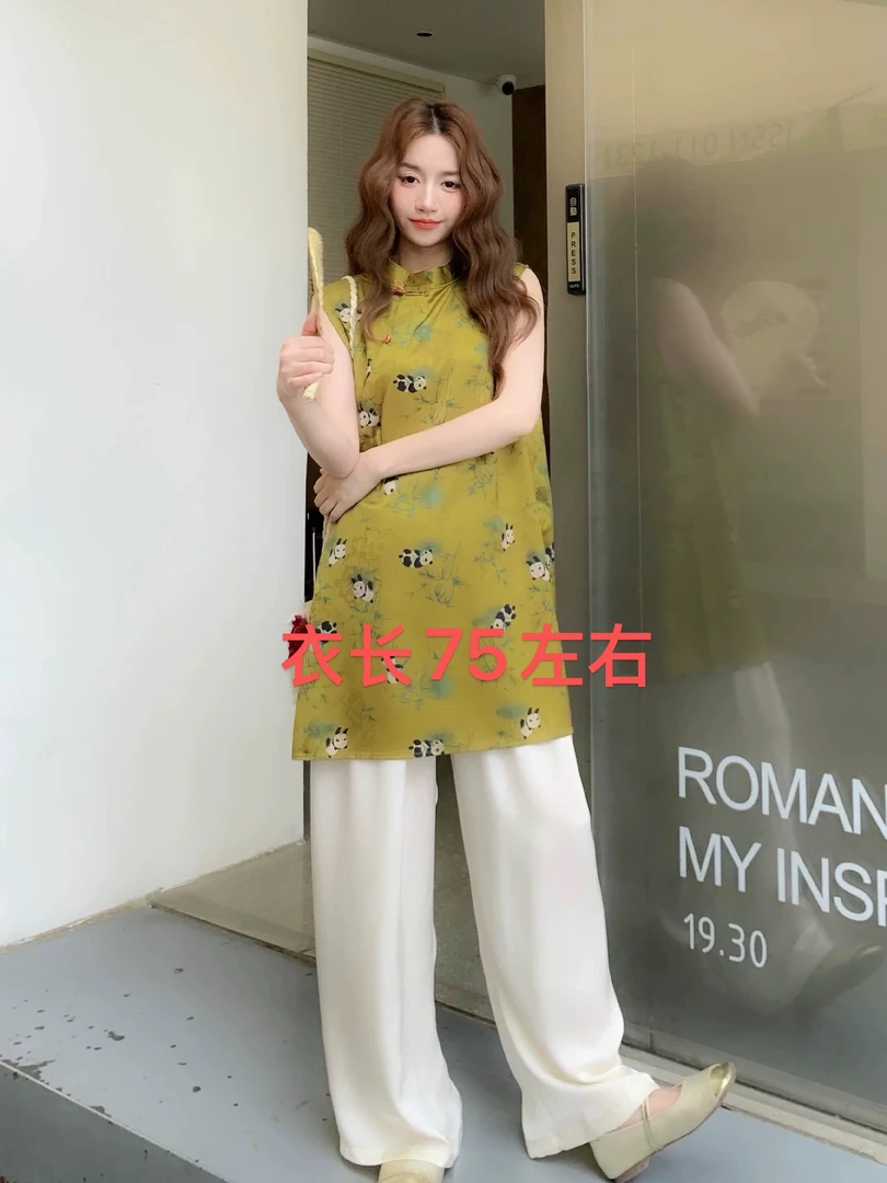 东方玫慧子25191夏季新款熊猫卡通印花盘扣背心