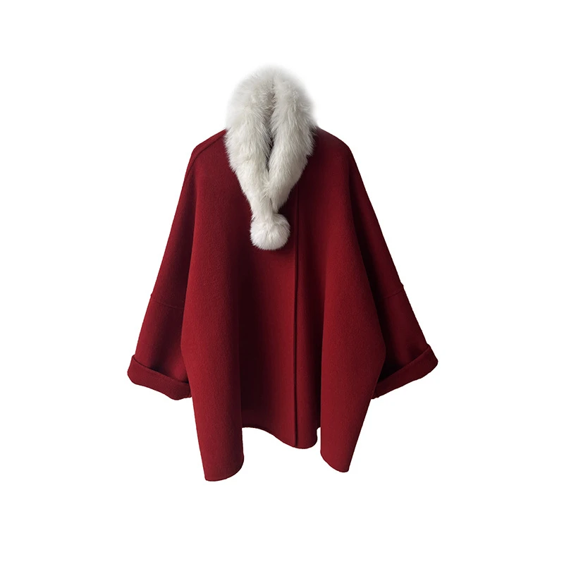 新年战袍小香风100羊毛中长带款狐狸毛领双面羊毛大衣