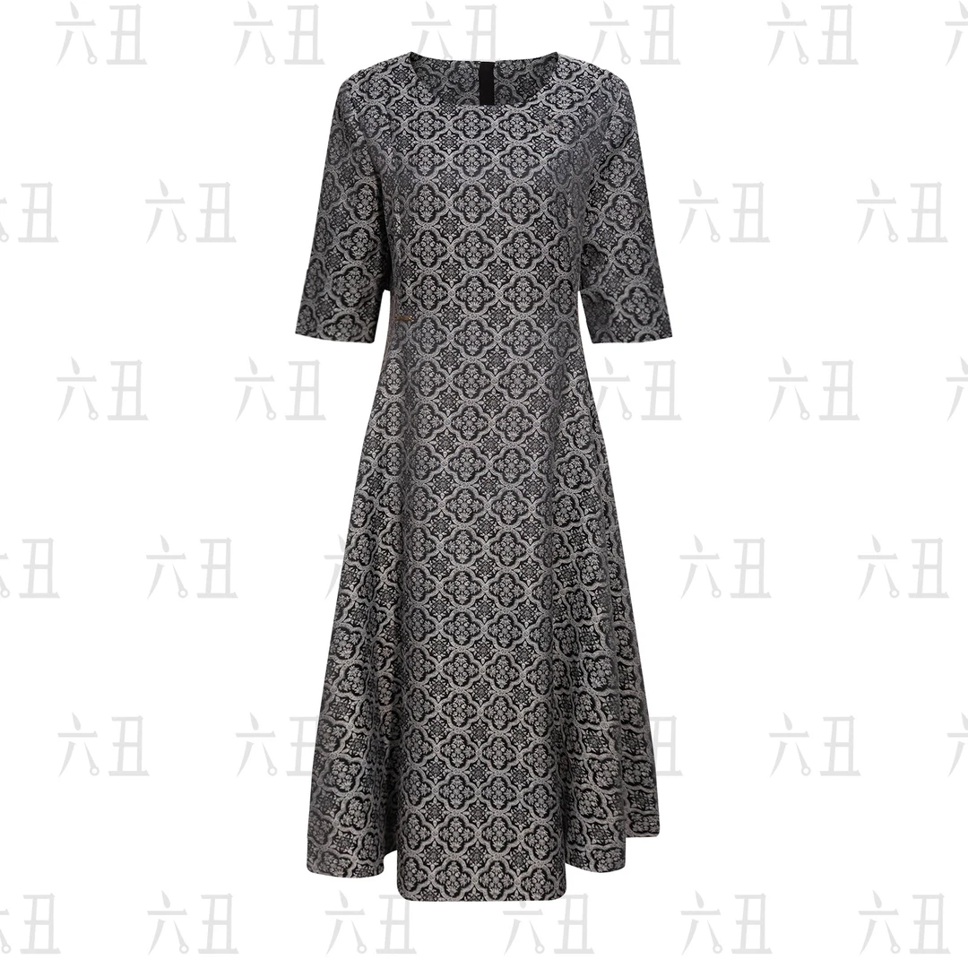 六丑【短袖】高级感气质时尚灰色格子花羽毛裙型连衣裙406LYQ0535