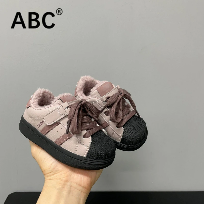 ABC 韩版儿童百搭贝壳头板鞋秋冬加绒加厚棉鞋洋气超软男女童运动