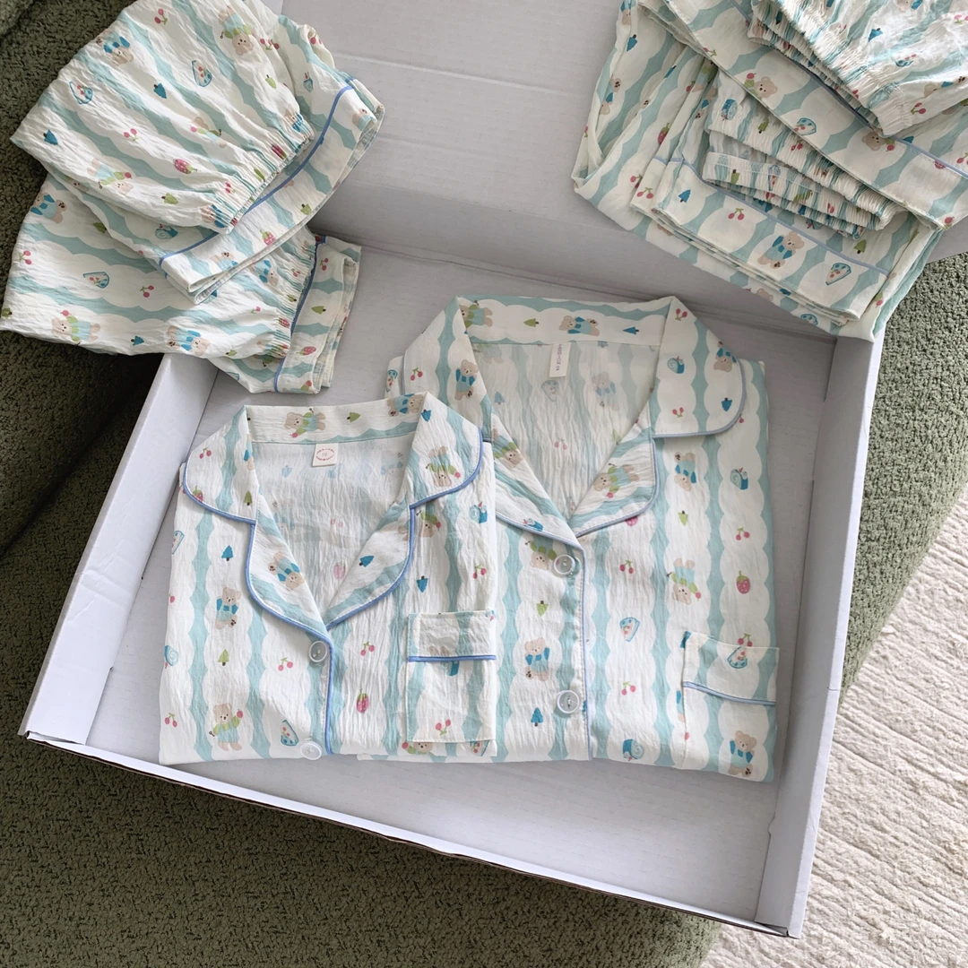 三件套儿童睡衣夏季2025新款短袖长裤女童奶蓝小熊云朵棉家居服