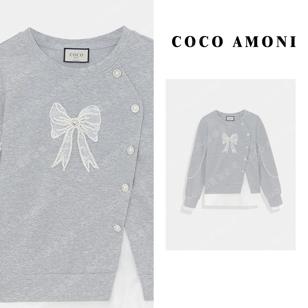 新款设计师百搭假两件女装重工烫钻蝴蝶结减龄显瘦长袖卫衣LDD034